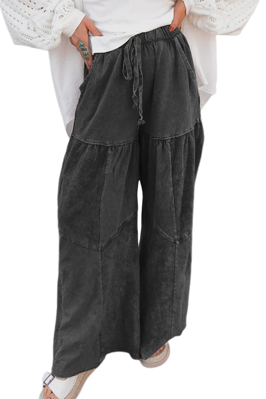Black Mineral Wash Tiered Wide Leg Patchwork Drawstring Pants