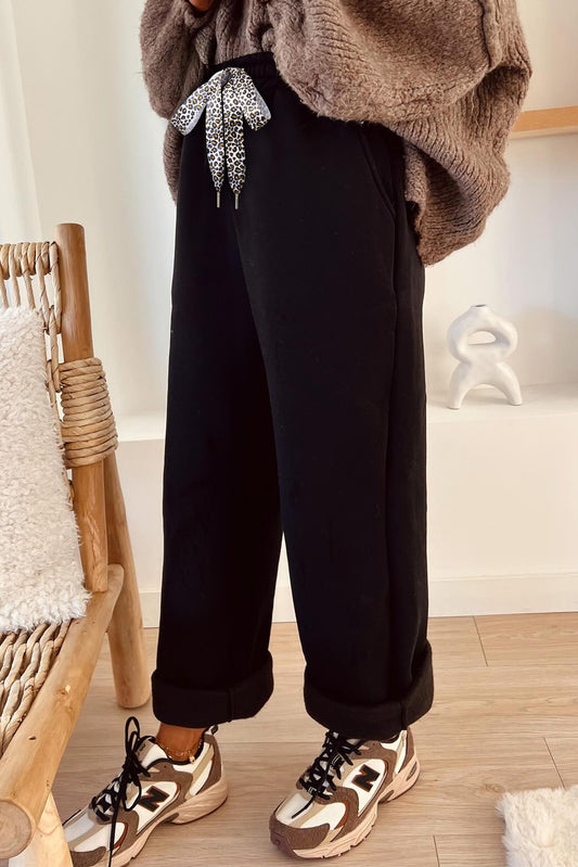 Black Leopard Drawstring Fleece Pants
