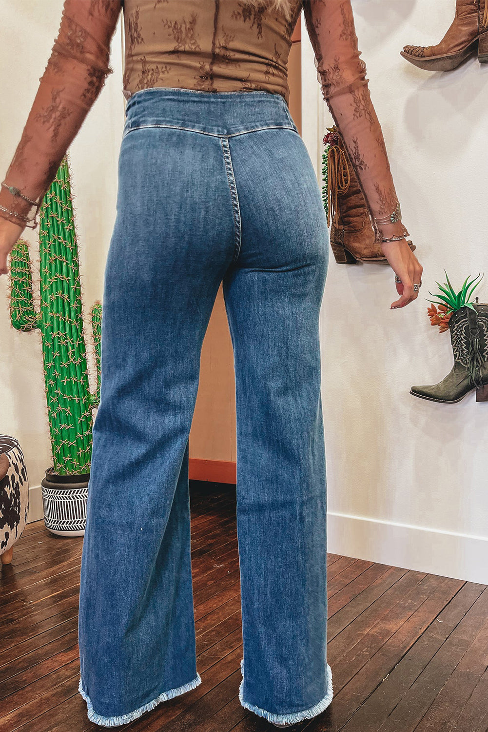 High Waist Button Raw Hem Jeans