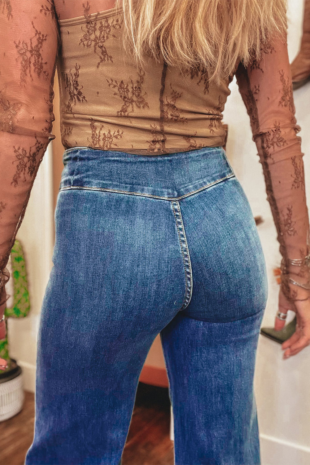 High Waist Button Raw Hem Jeans