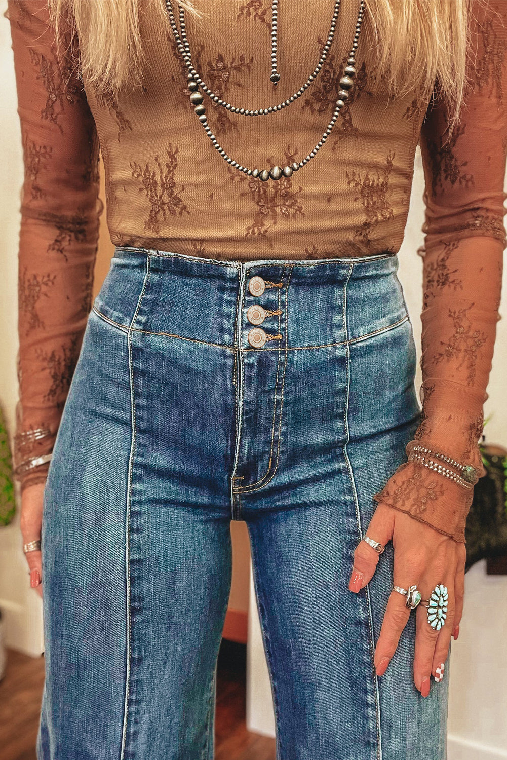 High Waist Button Raw Hem Jeans