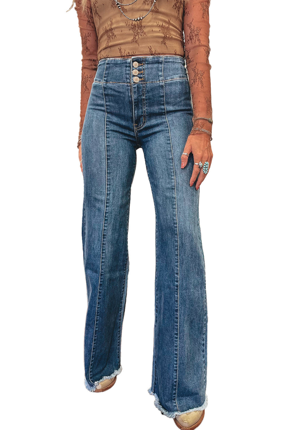 High Waist Button Raw Hem Jeans