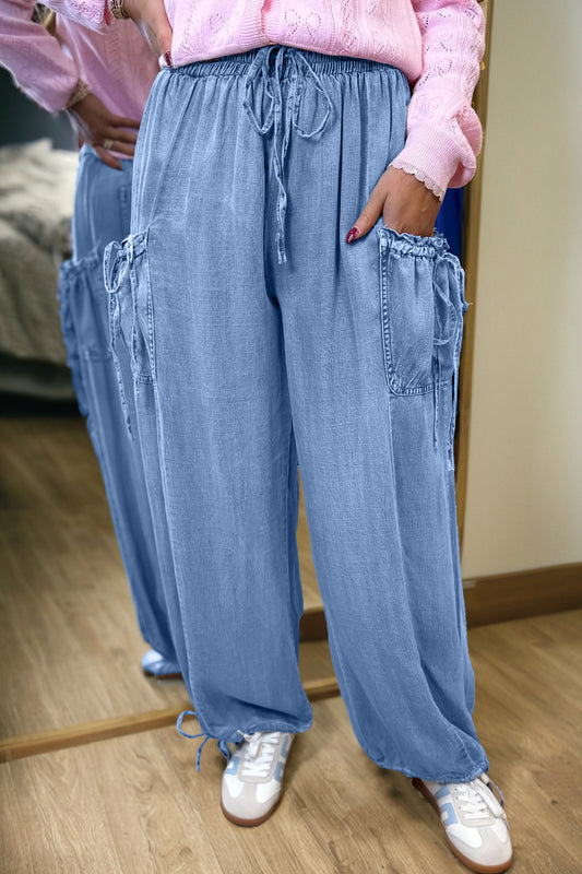 Blue Drawstring Elastic Waist Pocketed Loose Denim Pants