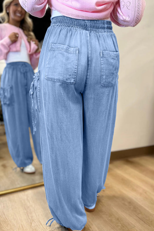 Blue Drawstring Elastic Waist Pocketed Loose Denim Pants