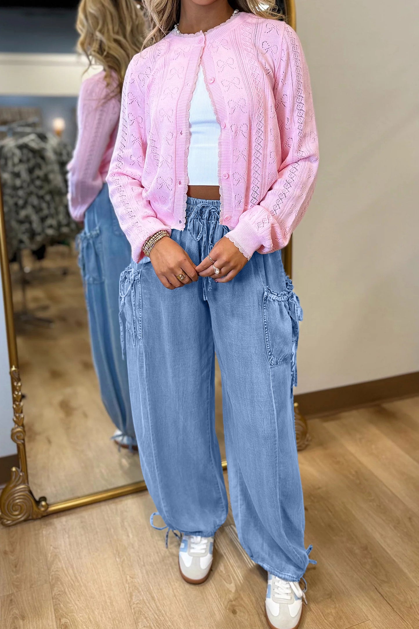 Blue Drawstring Elastic Waist Pocketed Loose Denim Pants