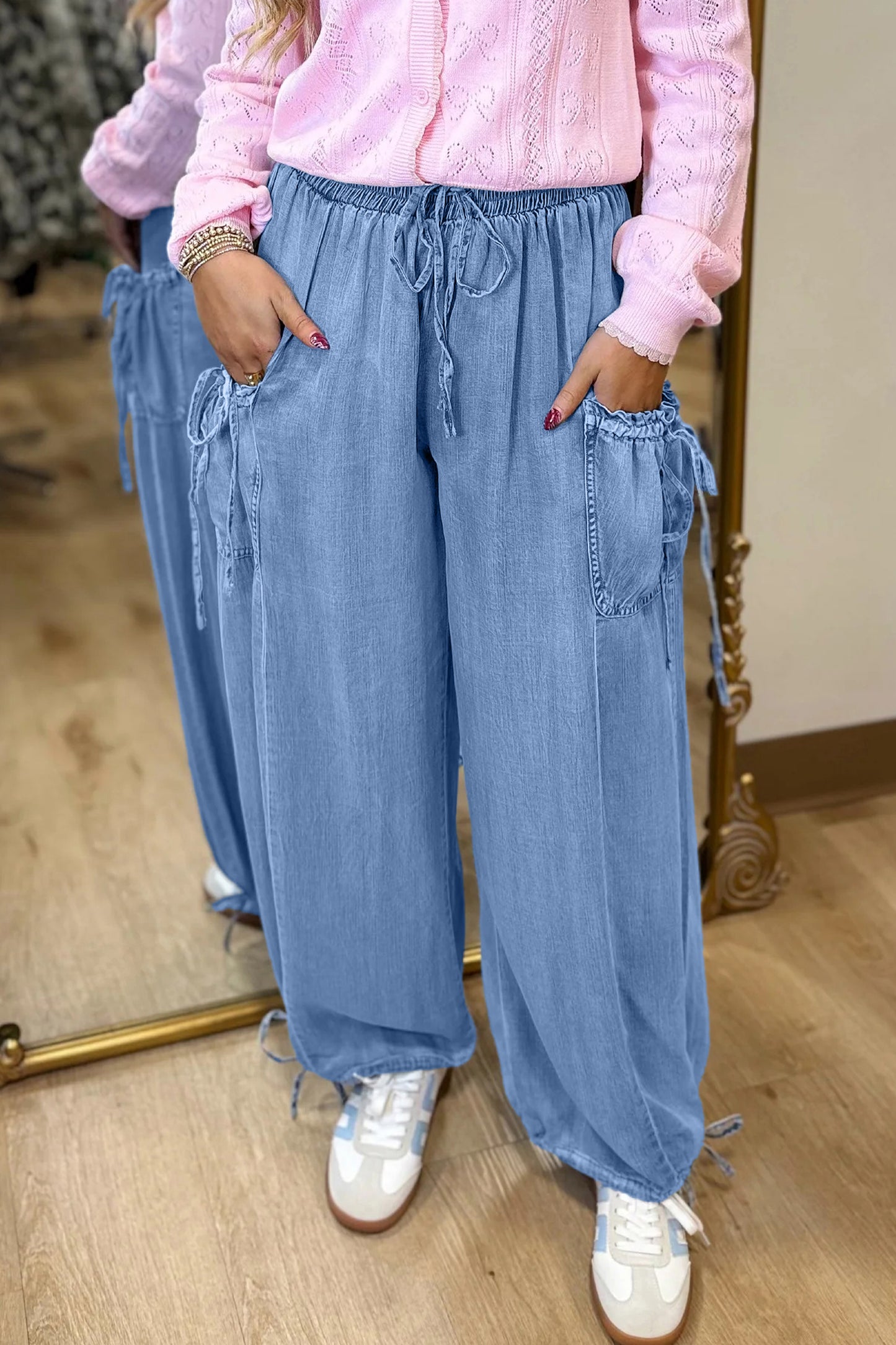 Blue Drawstring Elastic Waist Pocketed Loose Denim Pants
