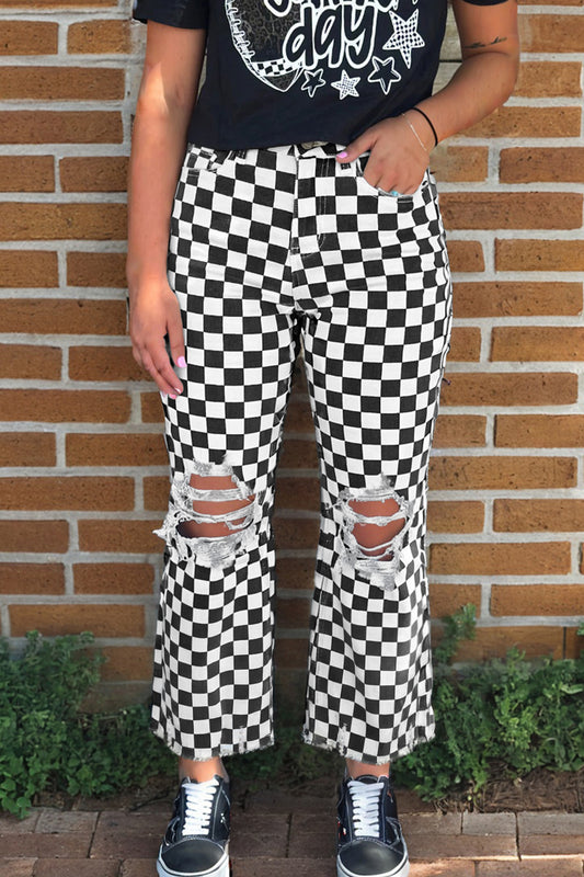 Black Checkerboard Print Distressed Cropped Jeans