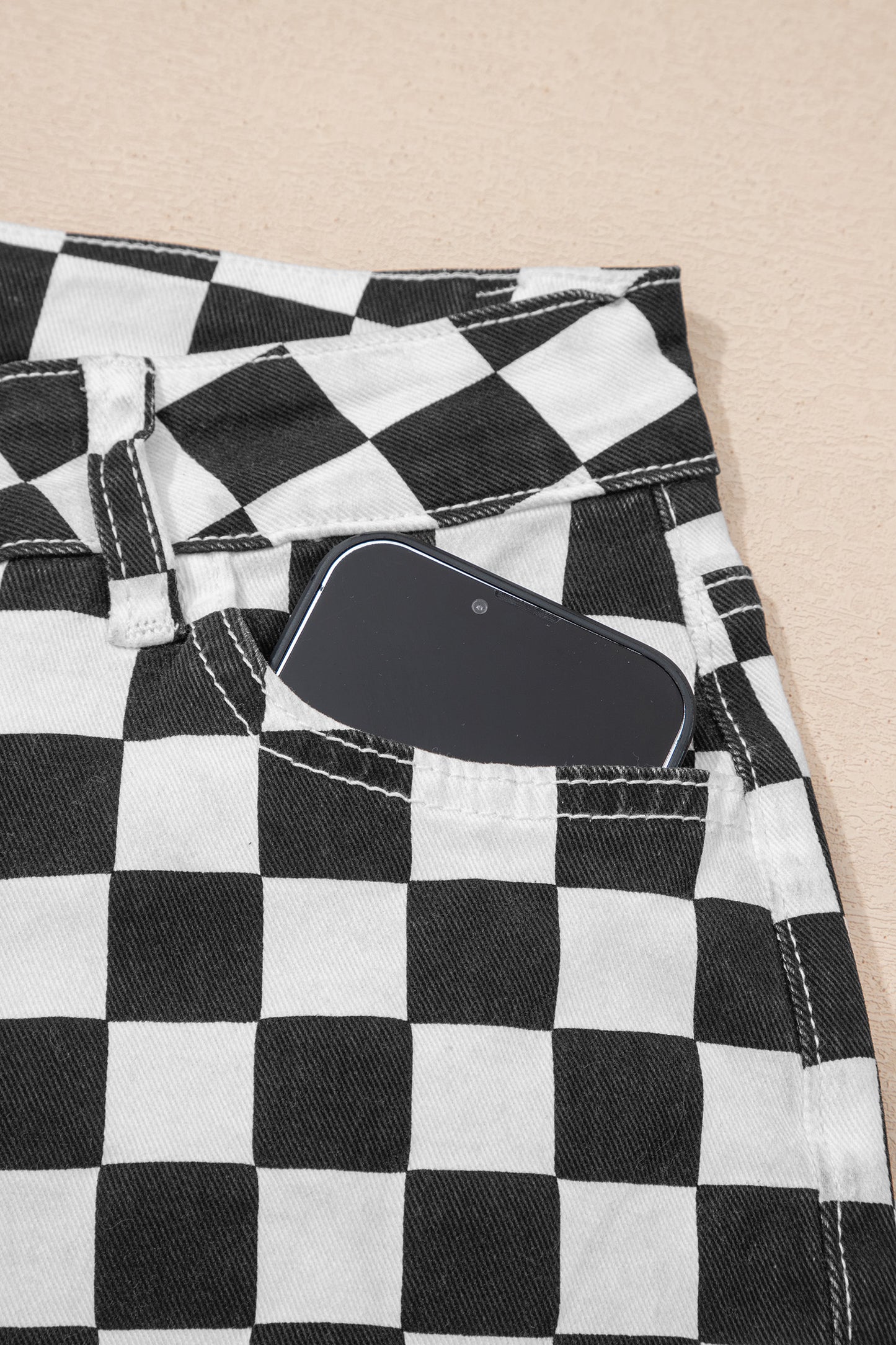Black Checkerboard Print Distressed Cropped Jeans