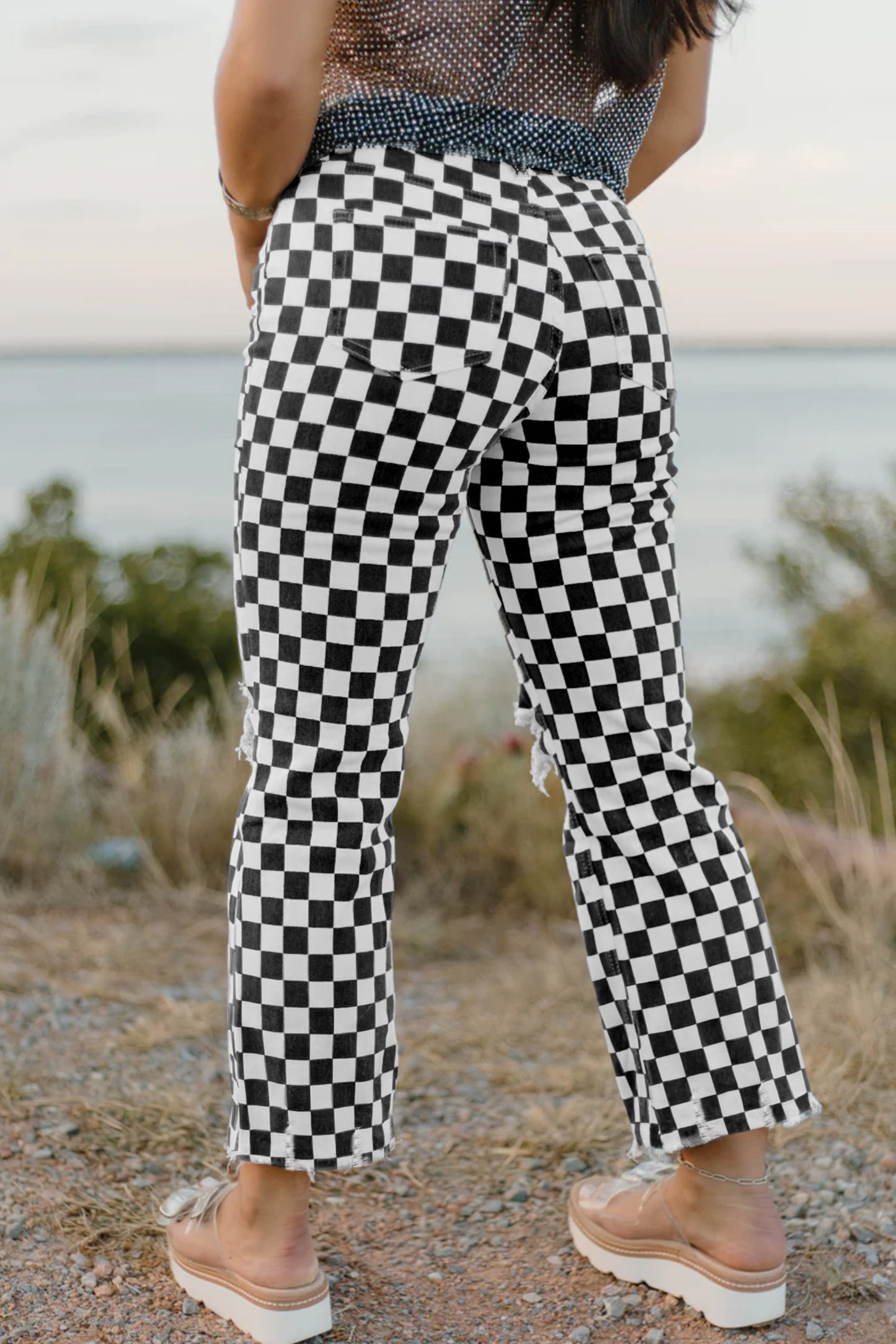 Black Checkerboard Print Distressed Cropped Jeans