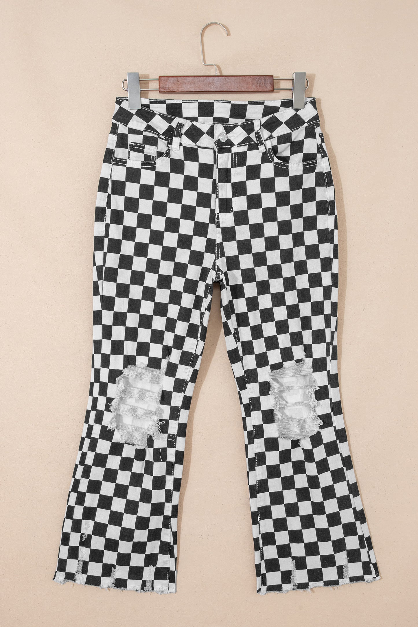 Black Checkerboard Print Distressed Cropped Jeans