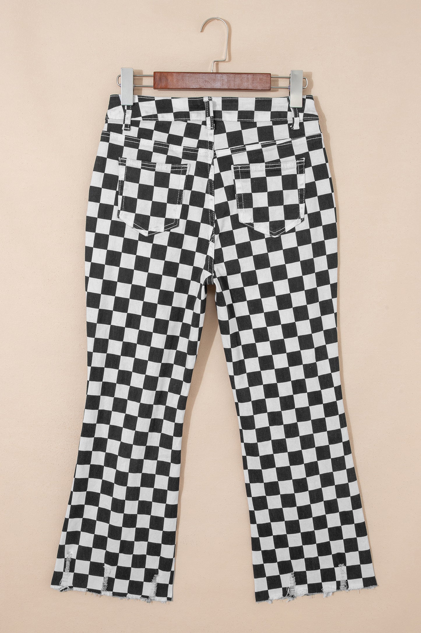 Black Checkerboard Print Distressed Cropped Jeans