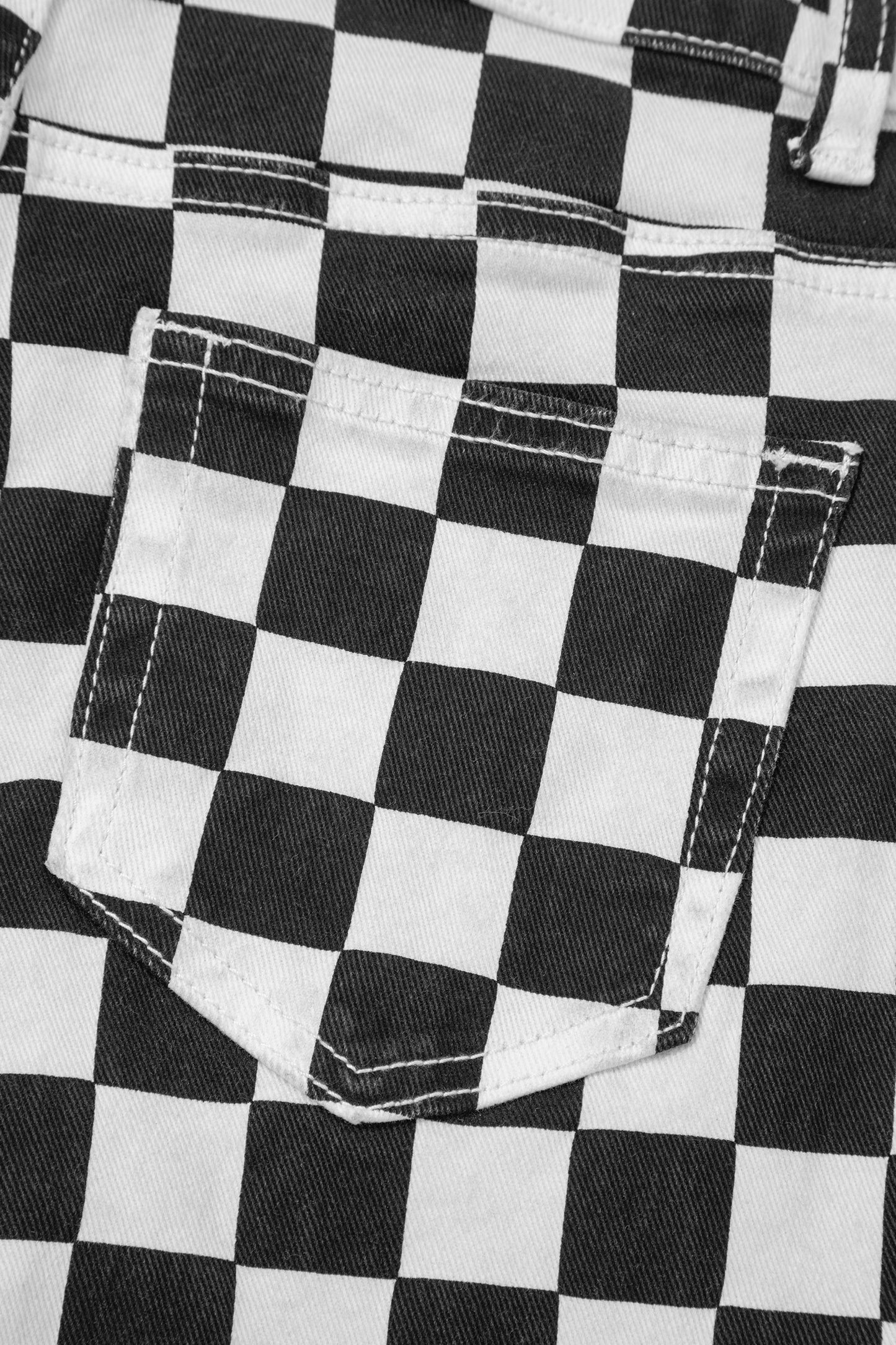 Black Checkerboard Print Distressed Cropped Jeans