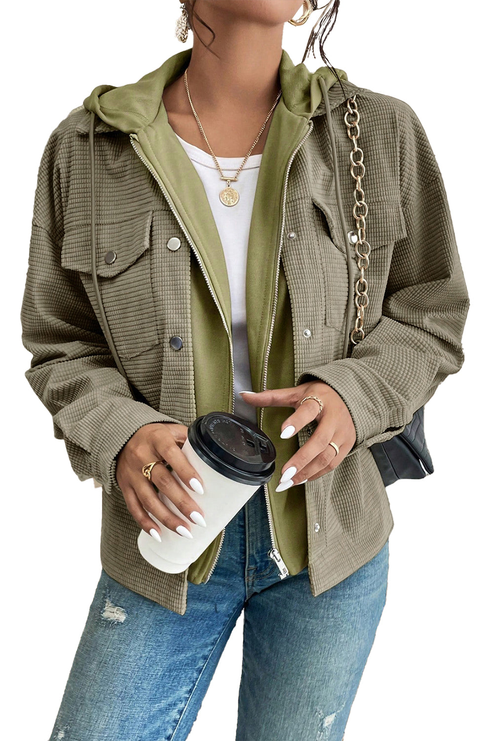 Green Textured Patchwork Shacket