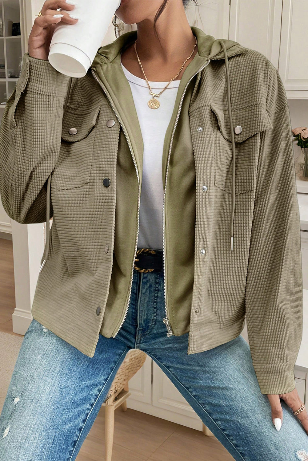Green Textured Patchwork Shacket