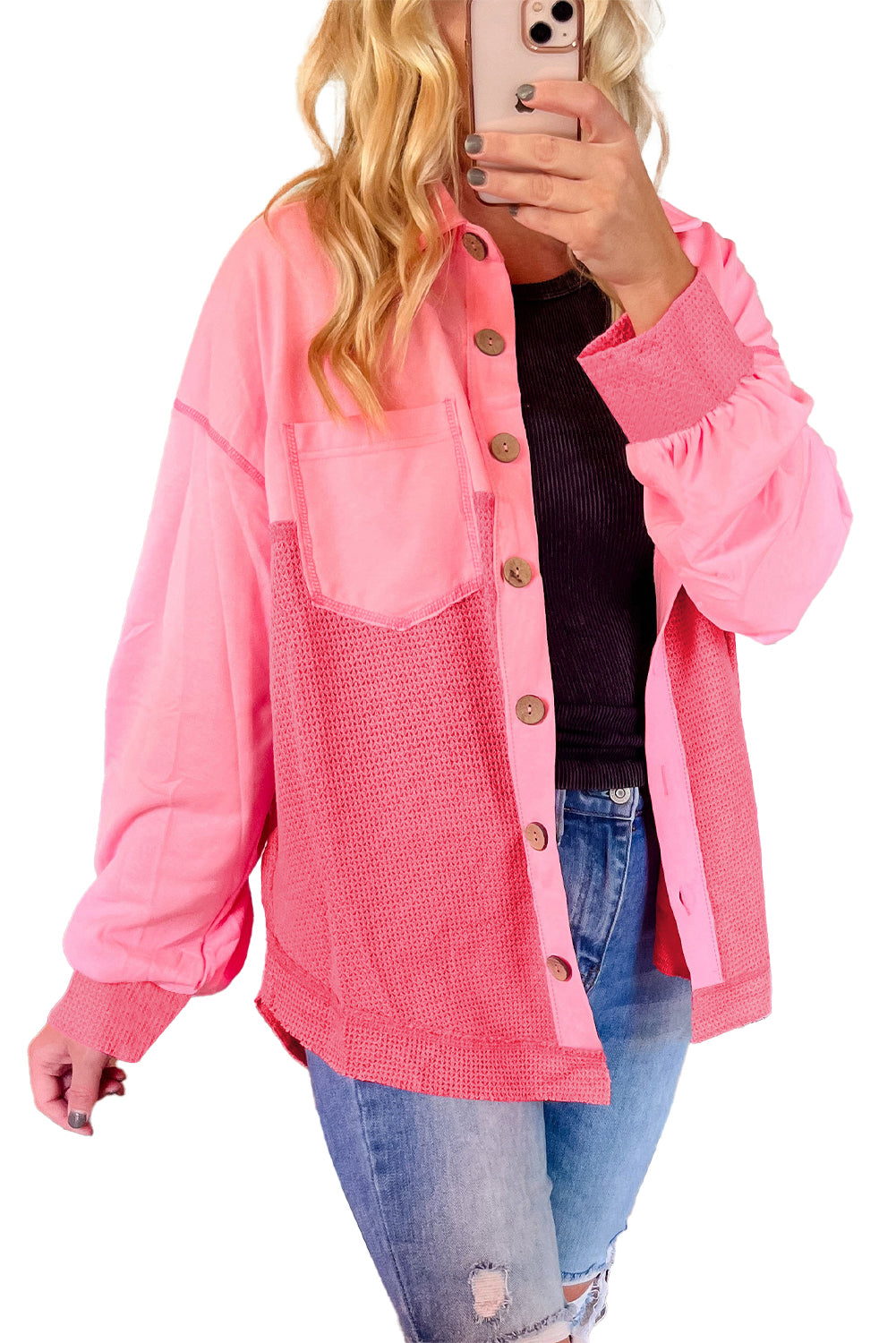 Peach Blossom Two Tone Waffle Knit Shacket