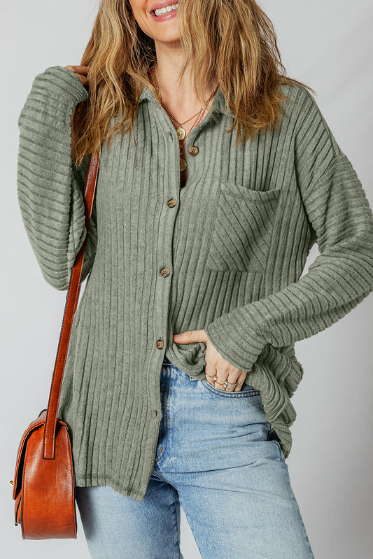 Mist Green Ribbed Button Up Shirt