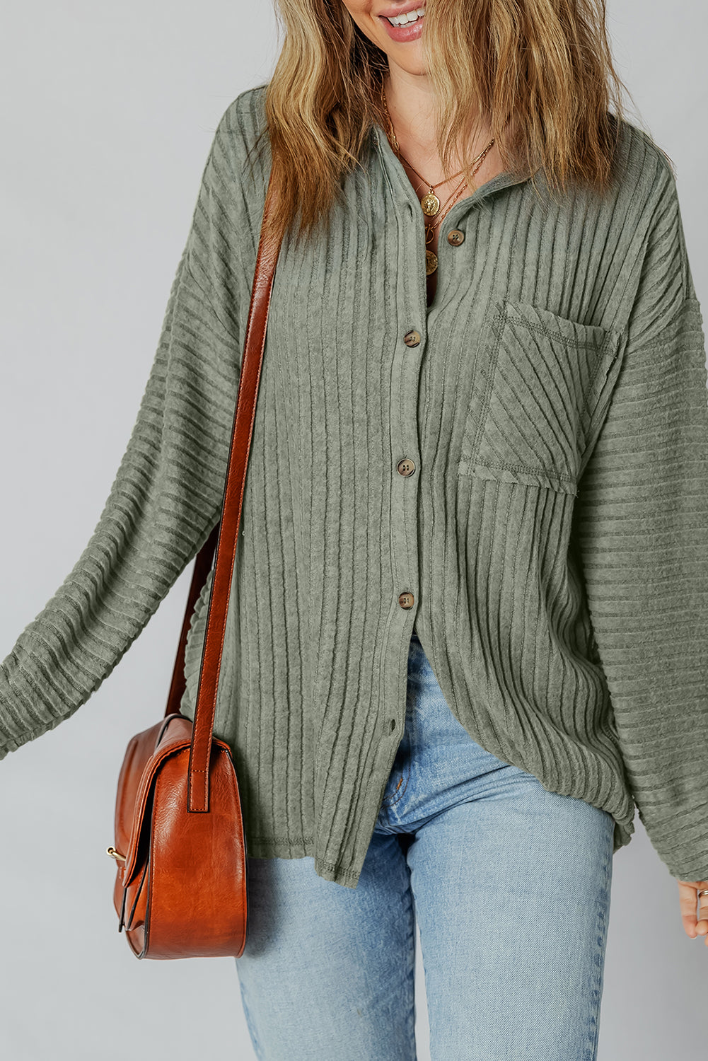 Mist Green Ribbed Button Up Shirt