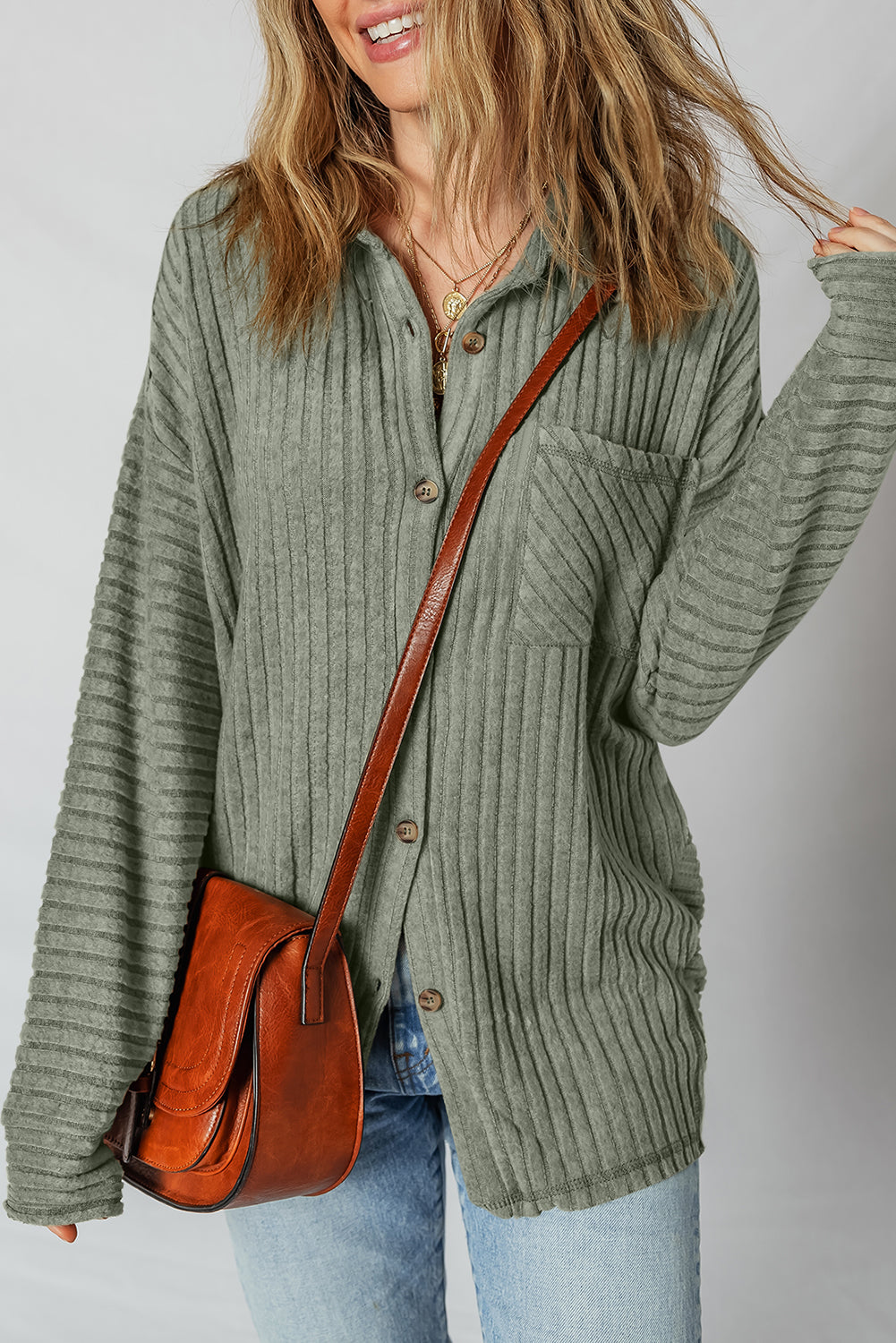 Mist Green Ribbed Button Up Shirt