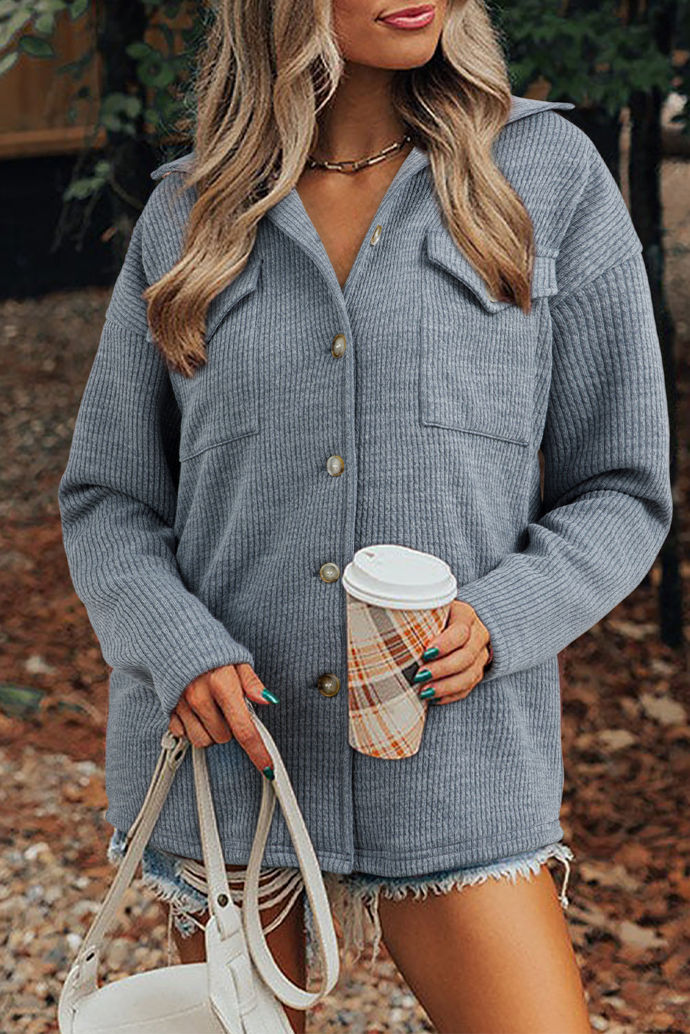 Ribbed Knit Button Front Pocket Casual Shacket - Colors Available