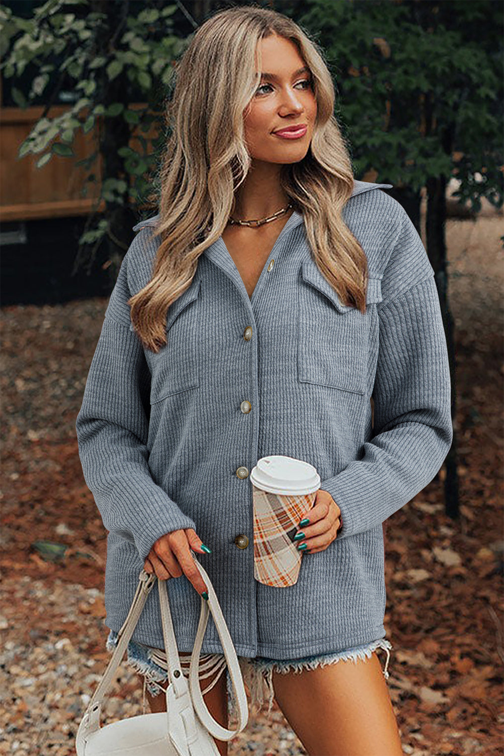Ribbed Knit Button Front Pocket Casual Shacket - Colors Available