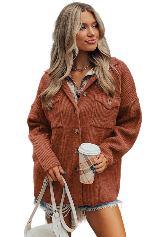 Ribbed Knit Button Front Pocket Casual Shacket - Colors Available