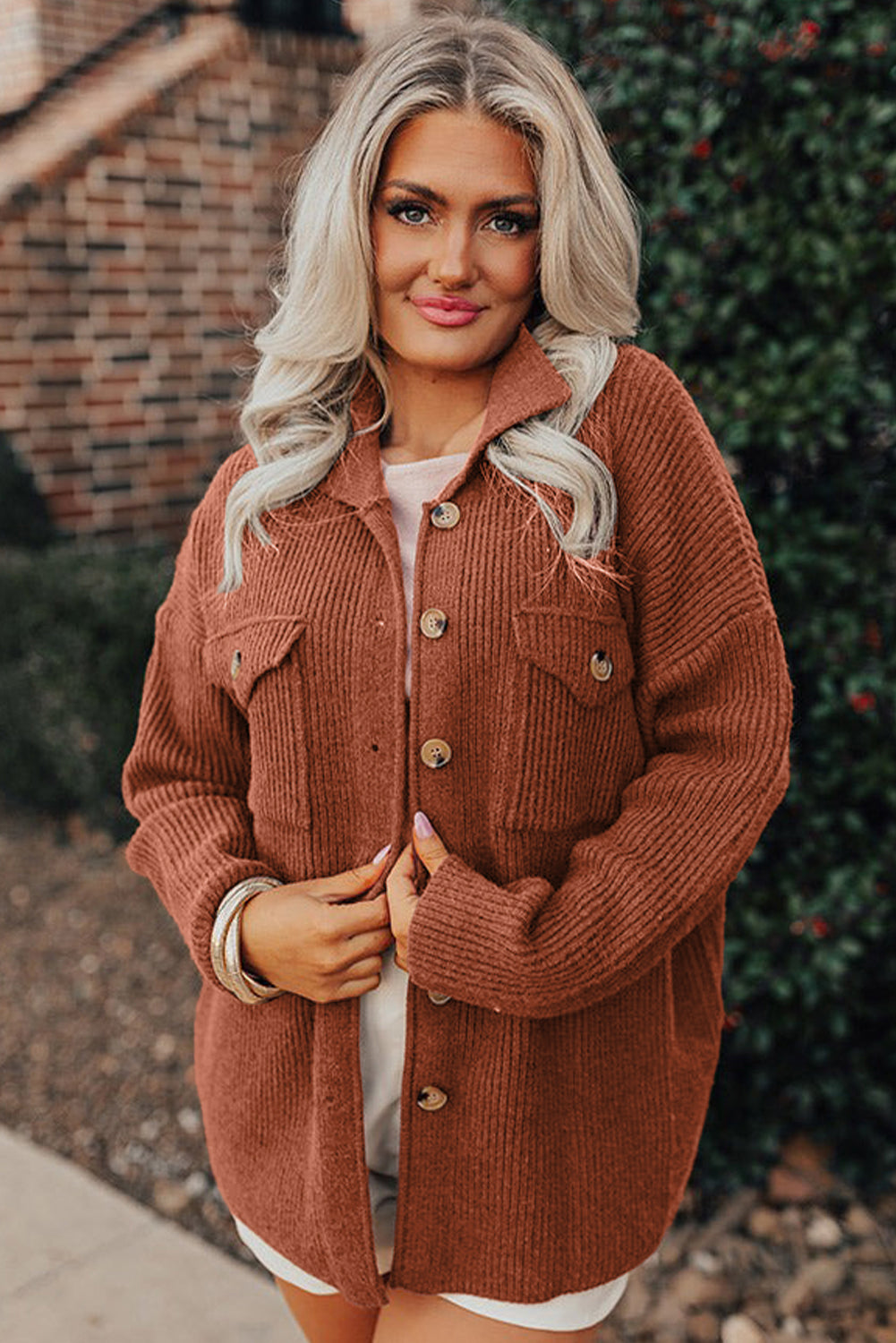Ribbed Knit Button Front Pocket Casual Shacket - Colors Available