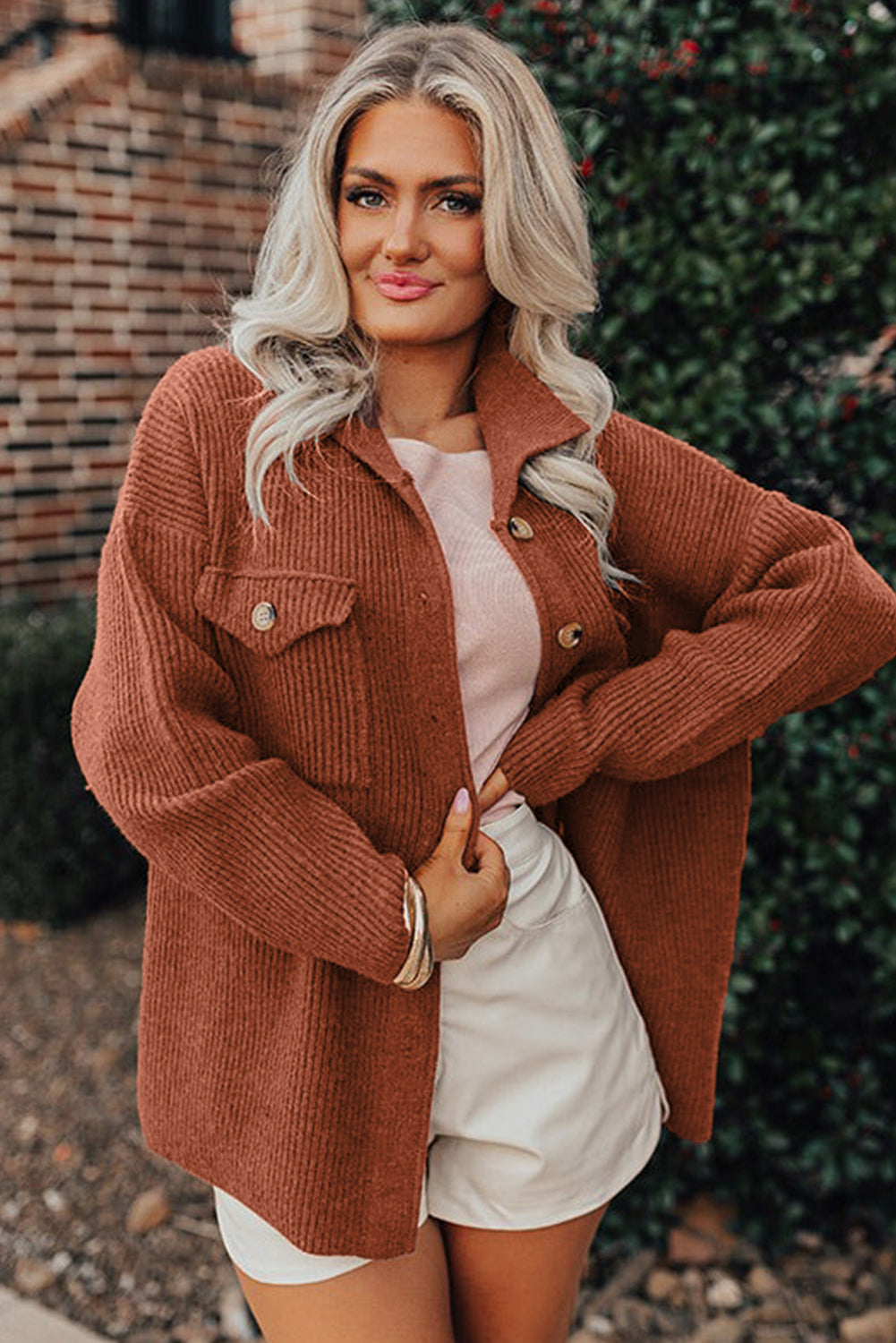 Ribbed Knit Button Front Pocket Casual Shacket - Colors Available