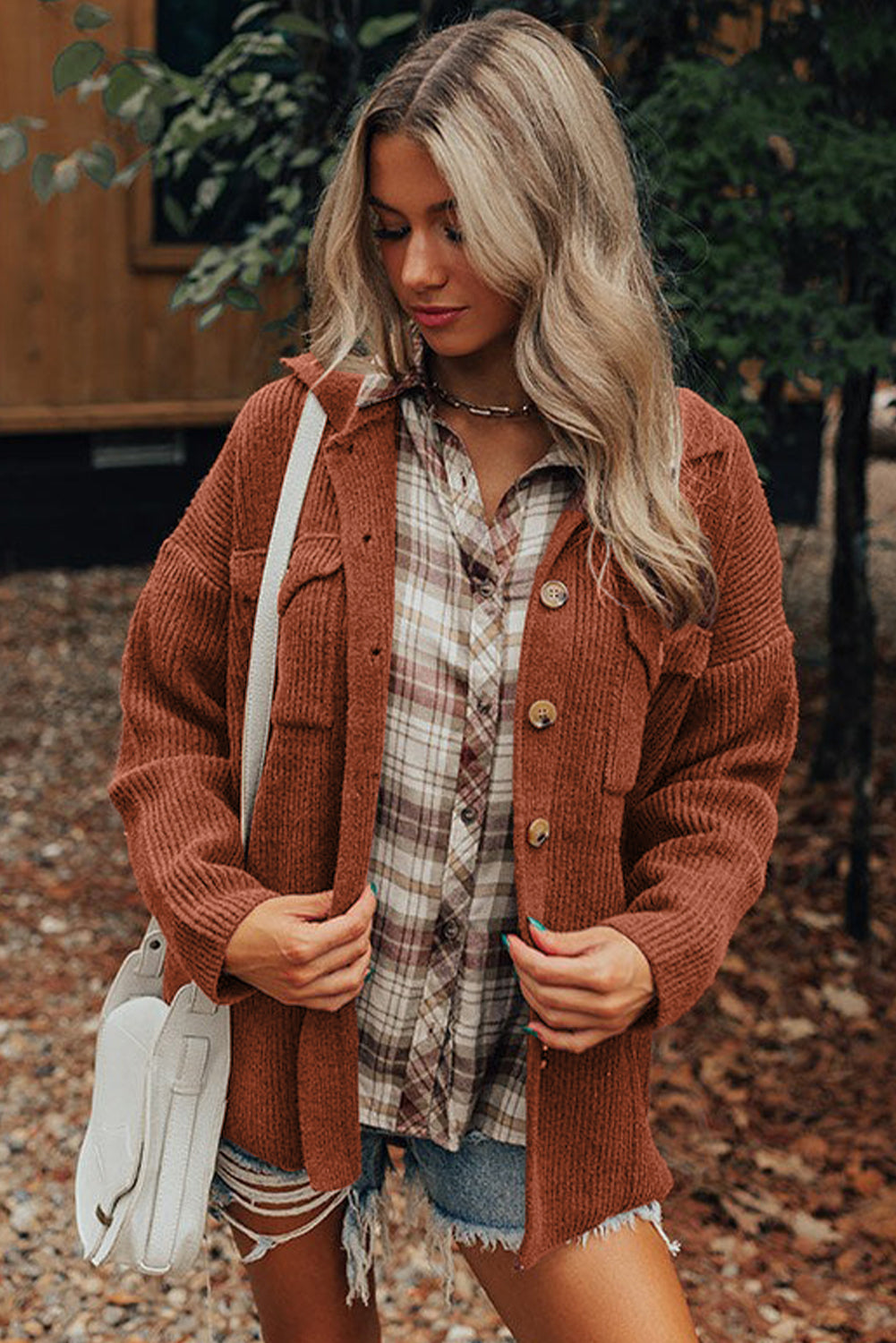 Ribbed Knit Button Front Pocket Casual Shacket - Colors Available