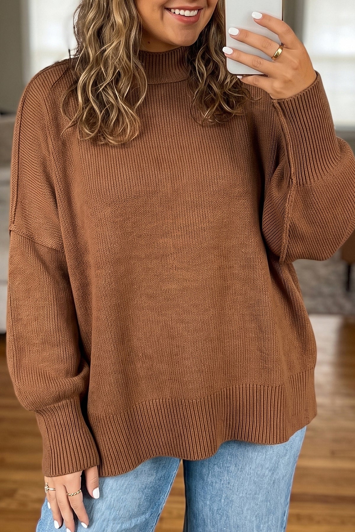 Chestnut Ribbed Knit Plus Size Sweater