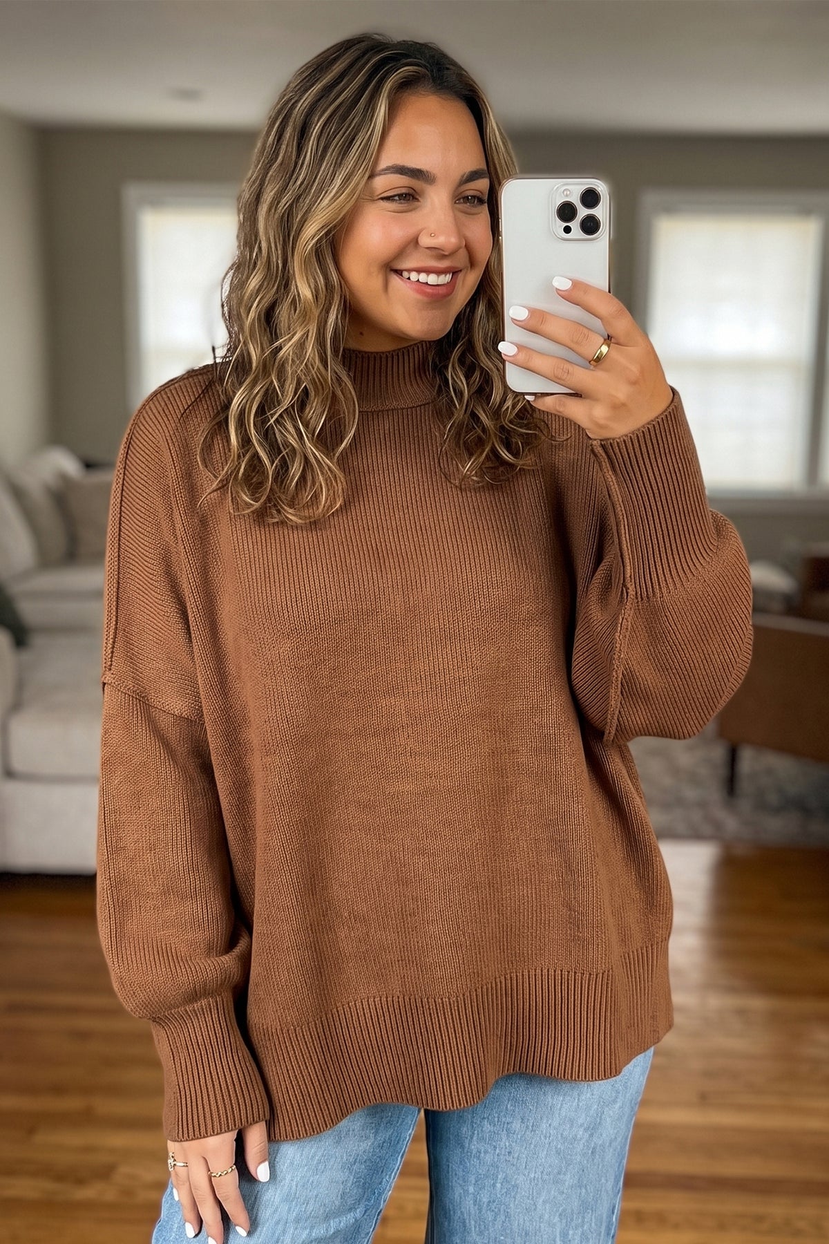 Chestnut Ribbed Knit Plus Size Sweater