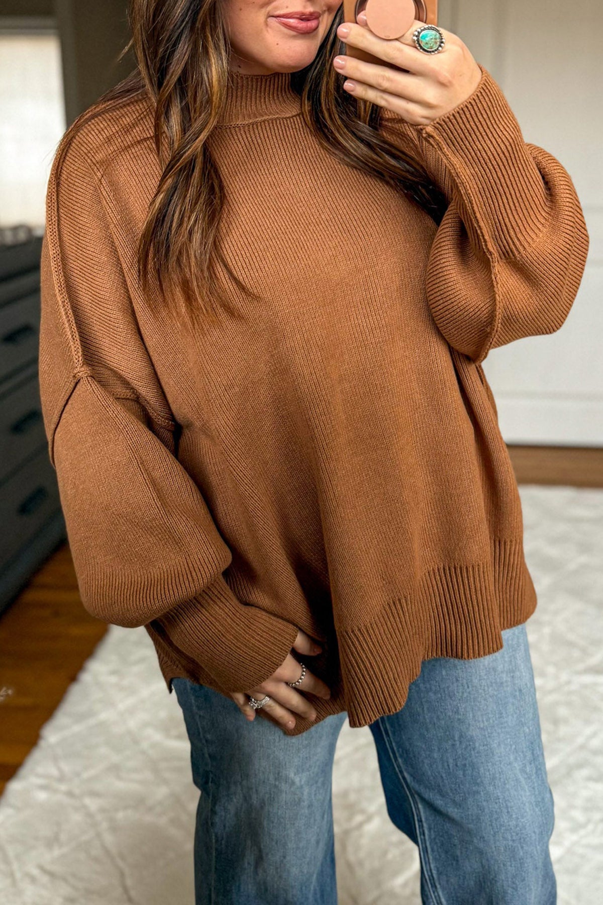 Chestnut Ribbed Knit Plus Size Sweater