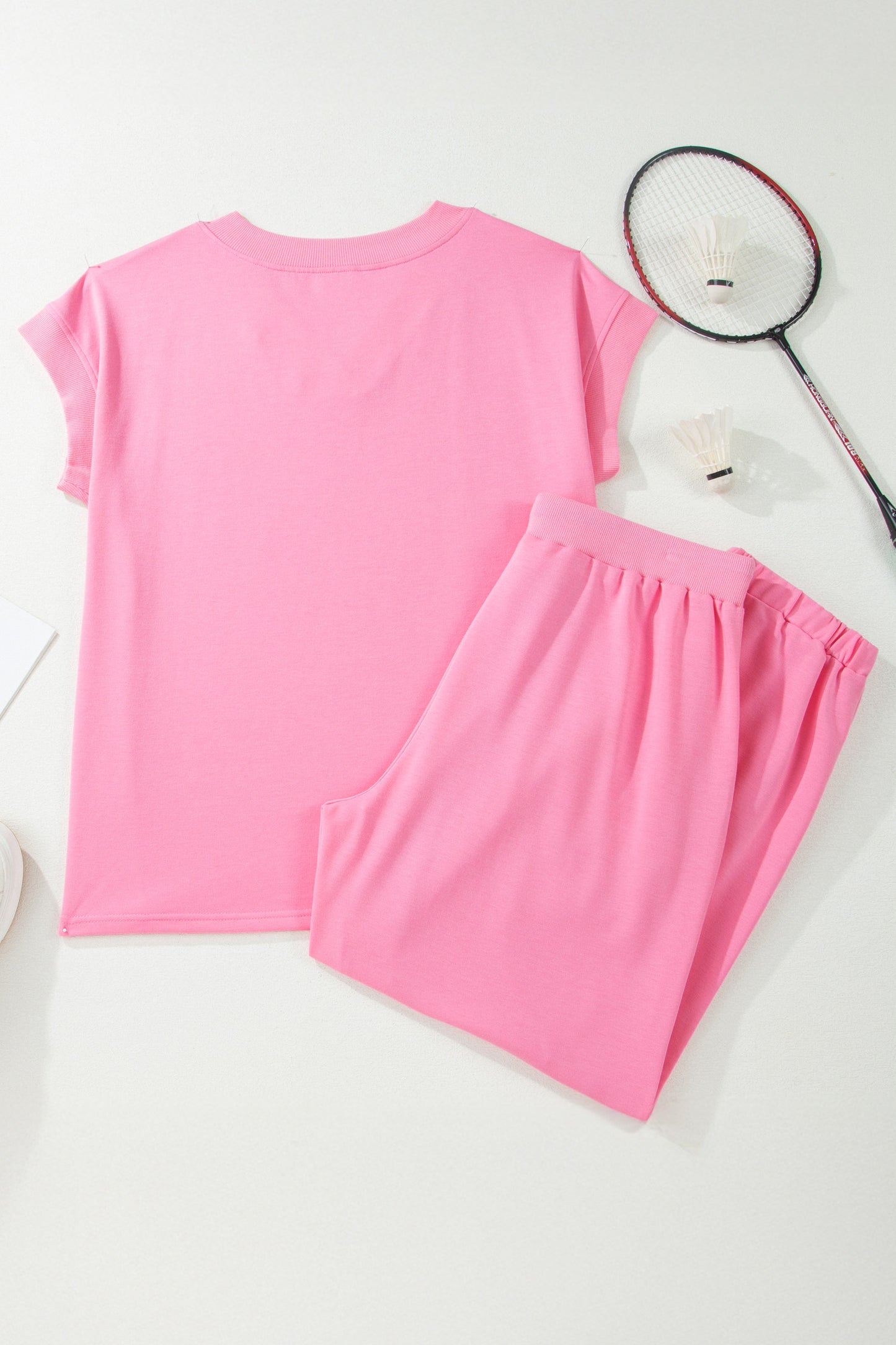 Pink Solid V-Neck Tee Plus Size Pants Set