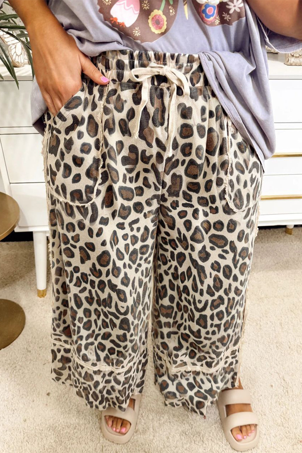 Khaki Plus Size Leopard Wide Leg Pants