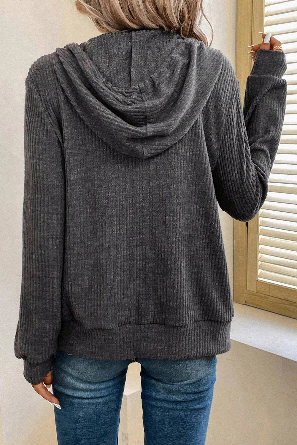 Ribbed Zip Front Drawstring Hoodie