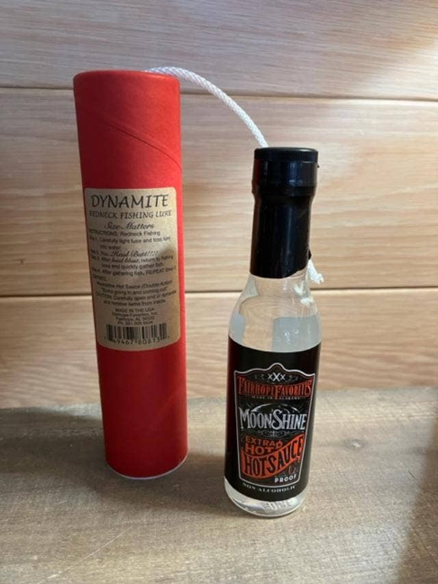 Dynamite Fishing Lures with A Bottle of Moonshine Hot Sauce