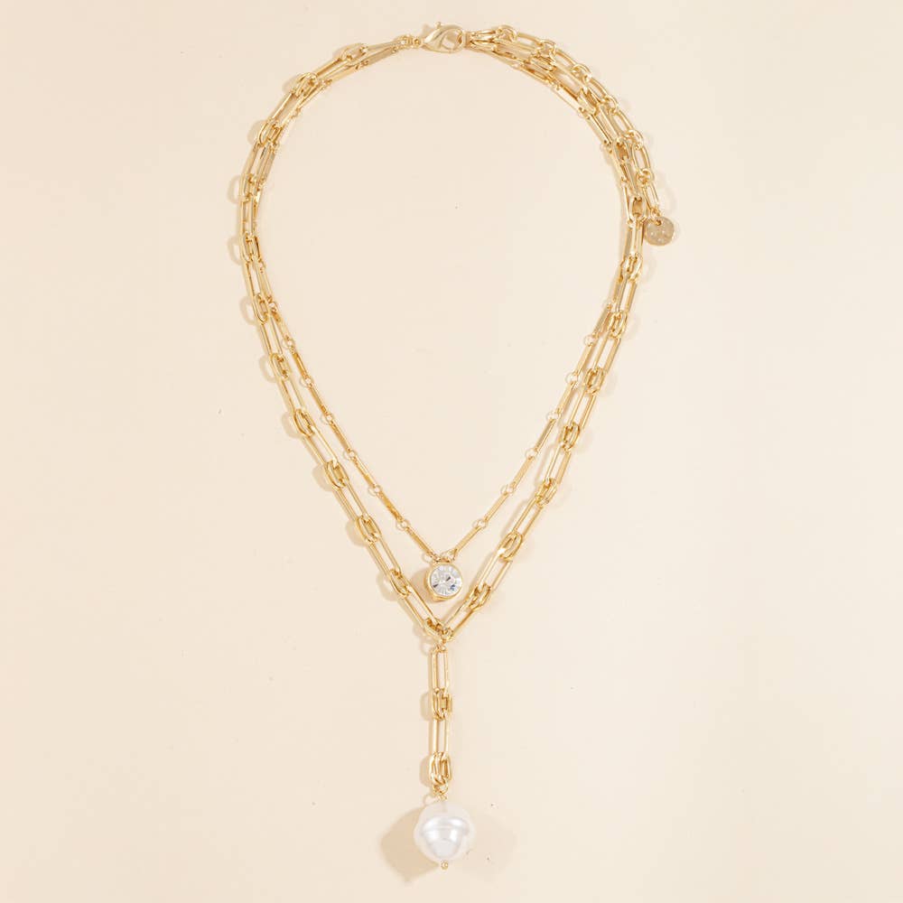 Crystal And Pearl Layered Paperclip Necklace