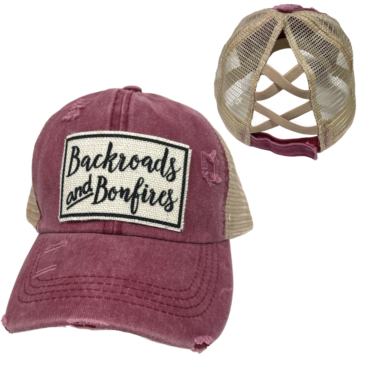 BACKROADS AND BONFIRES CRISS-CROSS PONYTAIL HAT
