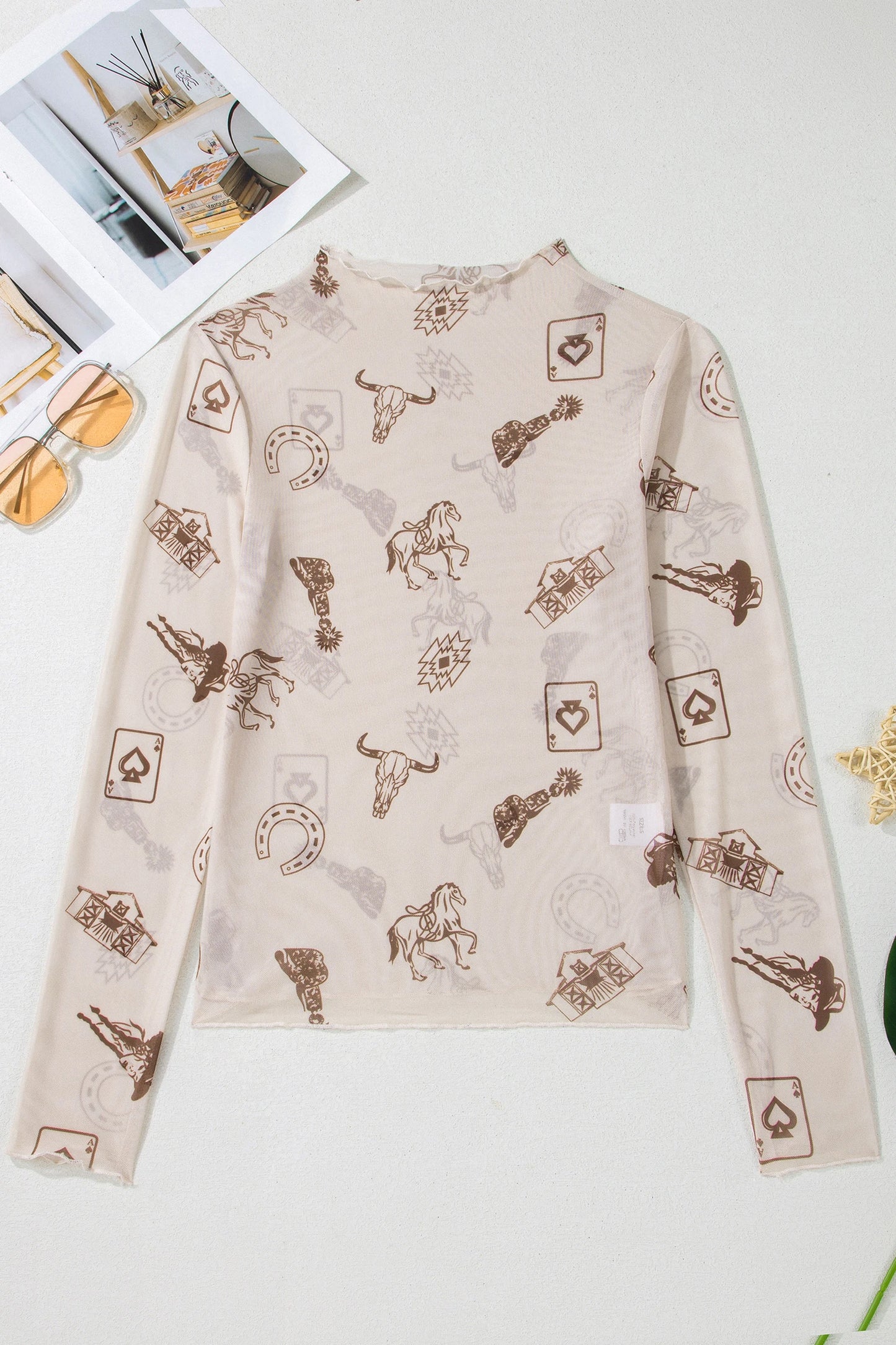 Oatmeal Western Print Mesh Long Sleeve Mock Neck Top