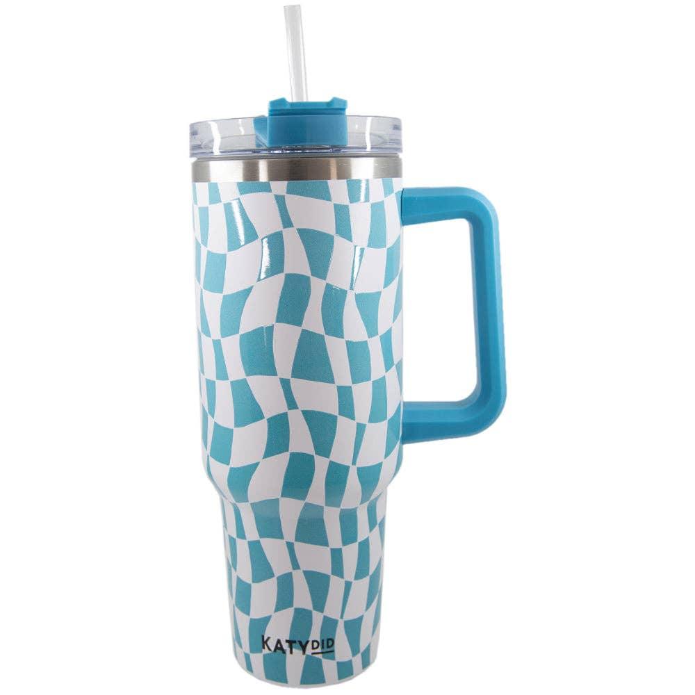 Aqua Checkered Pattern Tumbler Cup w/ Handle - Doodlations Coffee Bar & Boutique