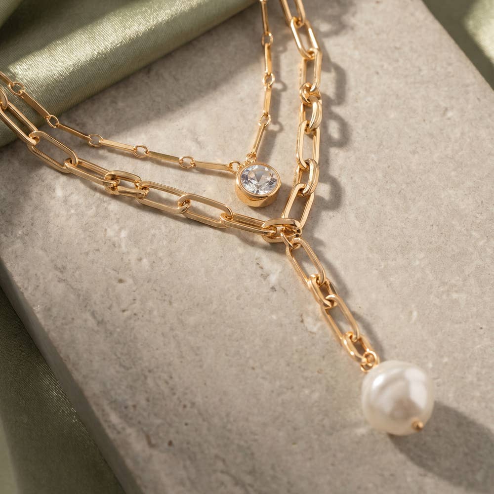 Crystal And Pearl Layered Paperclip Necklace