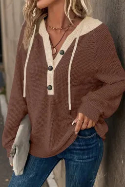Coffee Waffle Knit Hooded Top
