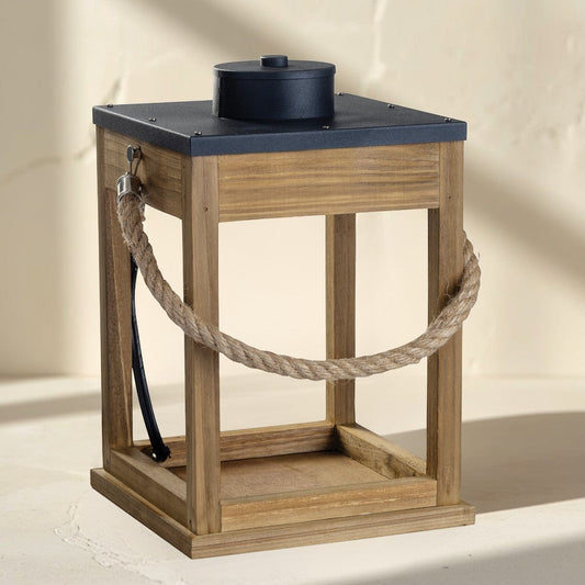 wood and rope candle warmer lantern with black top and silver accents.