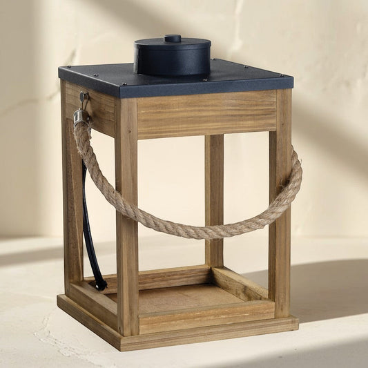 wood and rope candle warmer lantern with black top and silver accents.