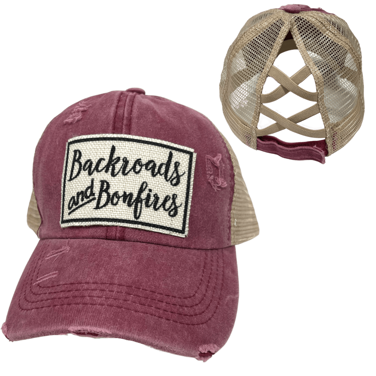 BACKROADS AND BONFIRES CRISS-CROSS PONYTAIL HAT - Doodlations Coffee Bar & Boutique