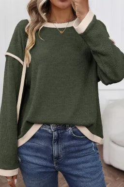 Hunter Green Contrast Color Trim Knit Top