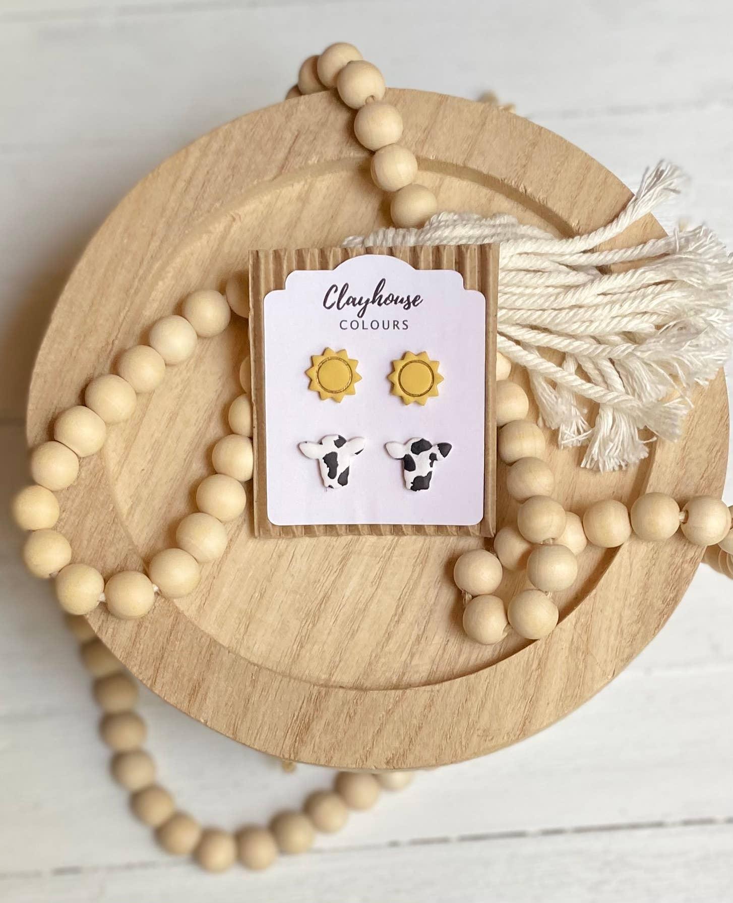 Cow Print & Sunflower Clay Earrings - Doodlations Coffee Bar & Boutique