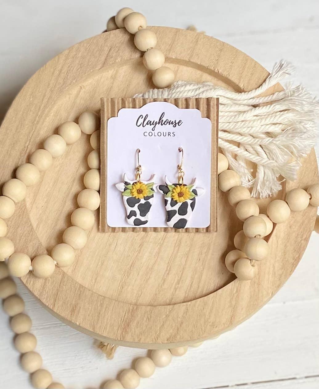 Cow Print & Sunflower Clay Earrings - Doodlations Coffee Bar & Boutique