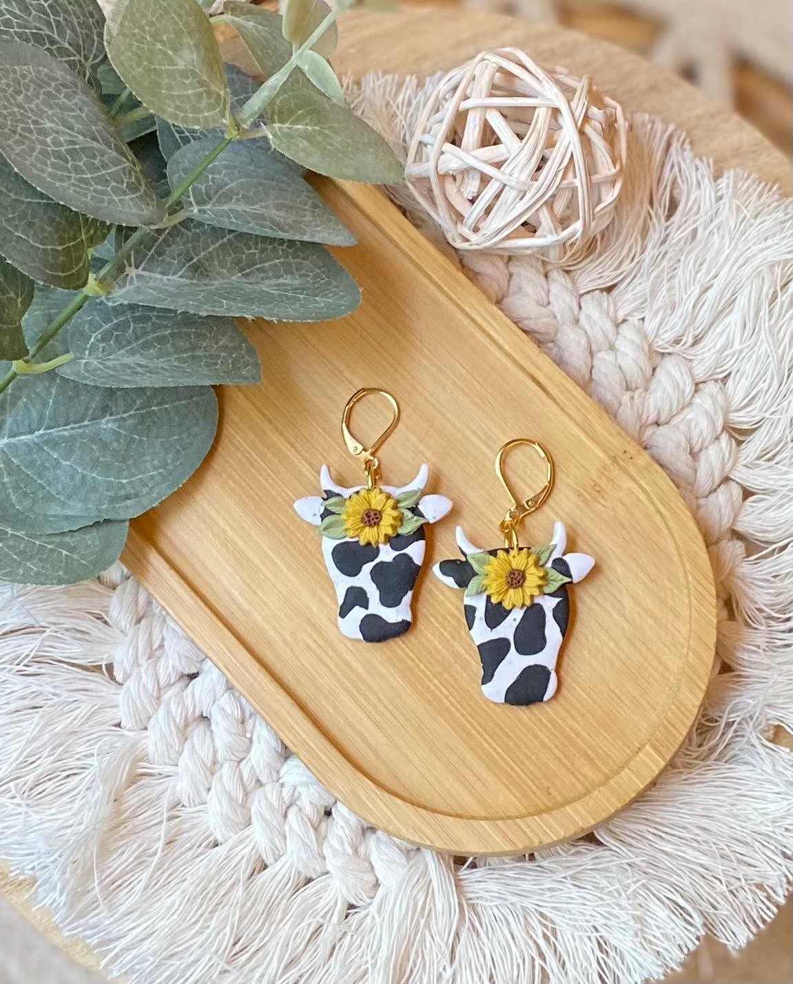 Cow Print & Sunflower Clay Earrings - Doodlations Coffee Bar & Boutique