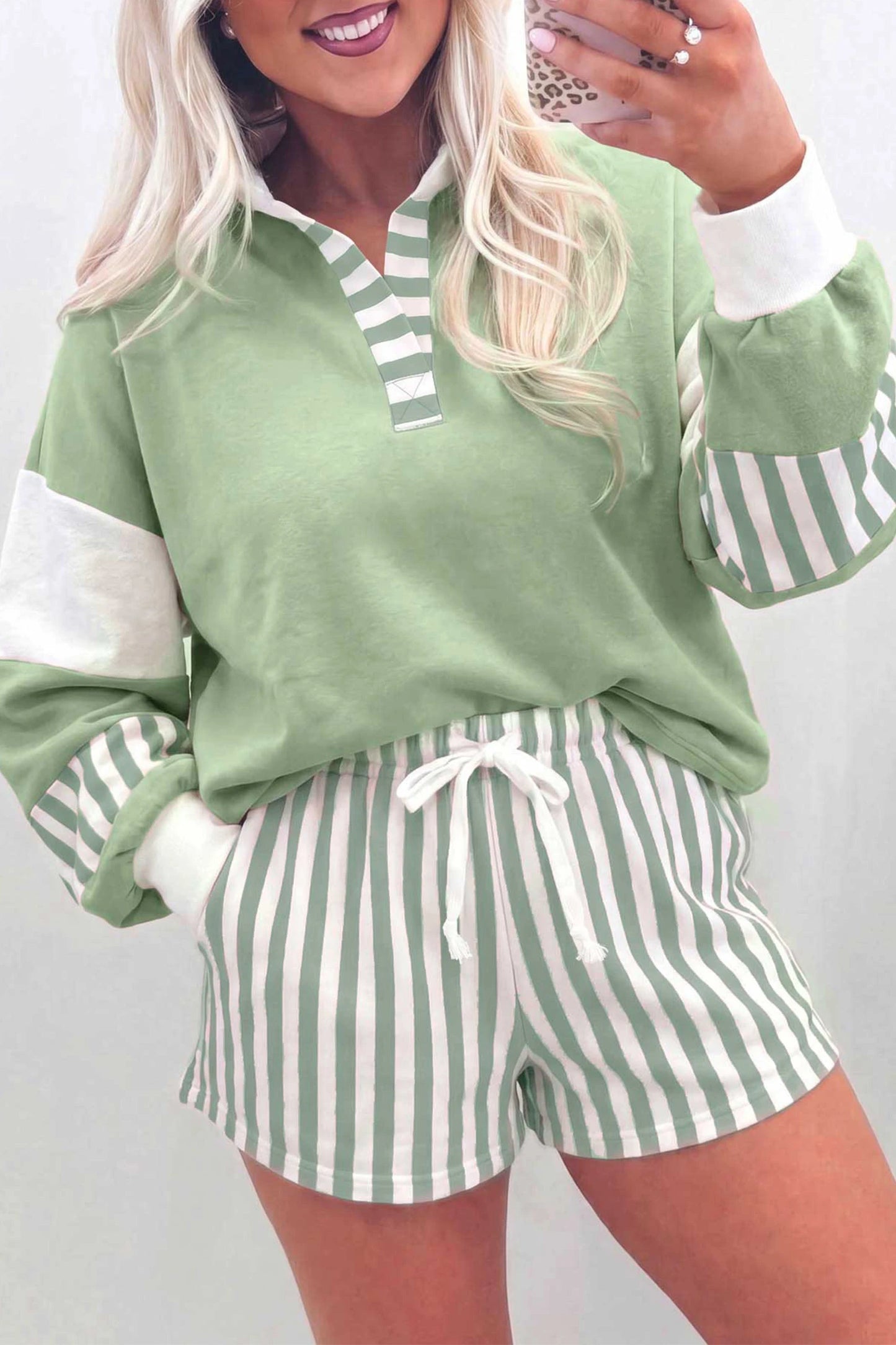 Smoke Green Striped Color Block Pullover Top Drawstring Shorts Set