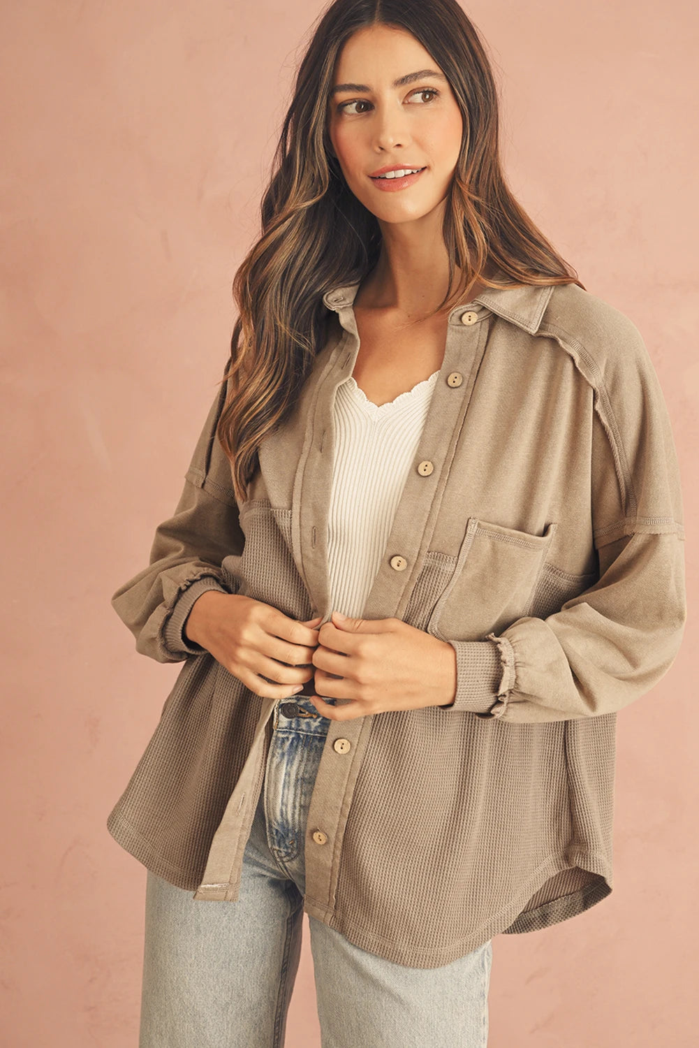 Tan Mineral Wash Patchwork Shacket